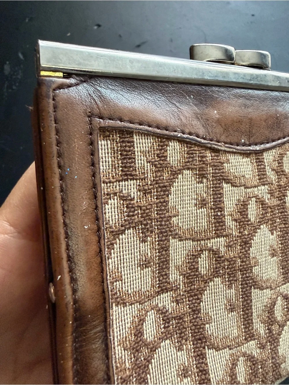 Vintage Christian Dior Trotter Oblique Canvas & Leather Kiss-Lock Compact Wallet